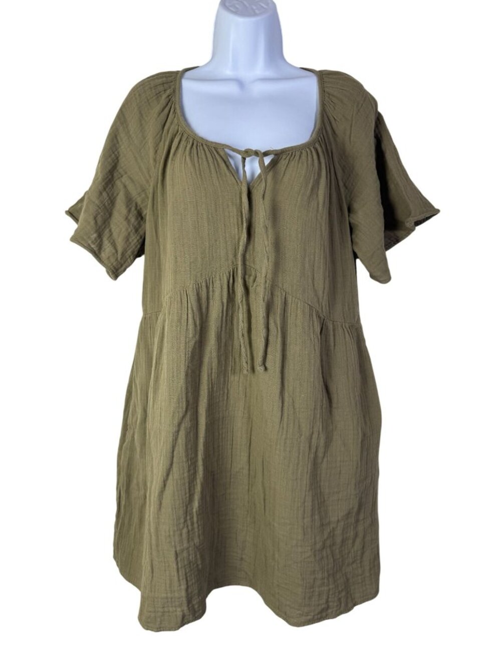 Old Navy Olive Green Short Sleeve Tiered  gauzy Cotton Dress Women sz MediumBoho